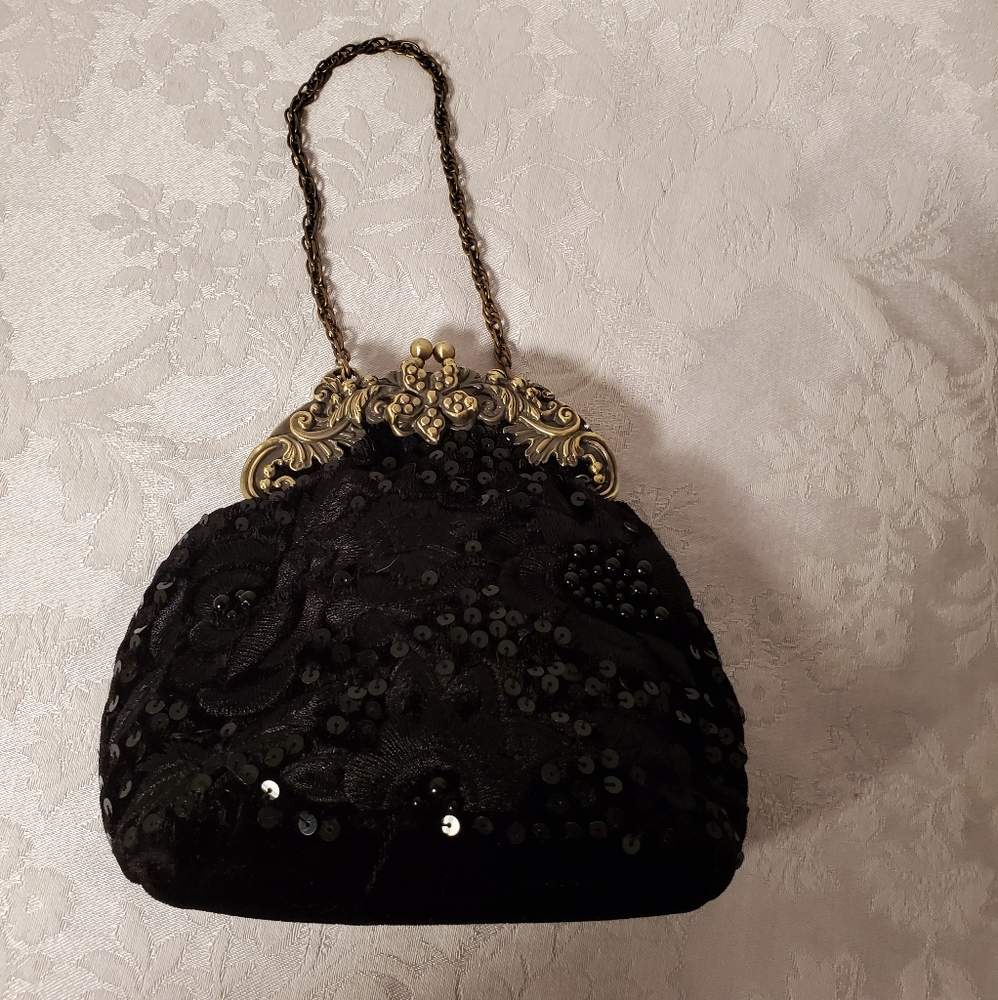Crush velvet black Sequin bead Purse W/chain Strap